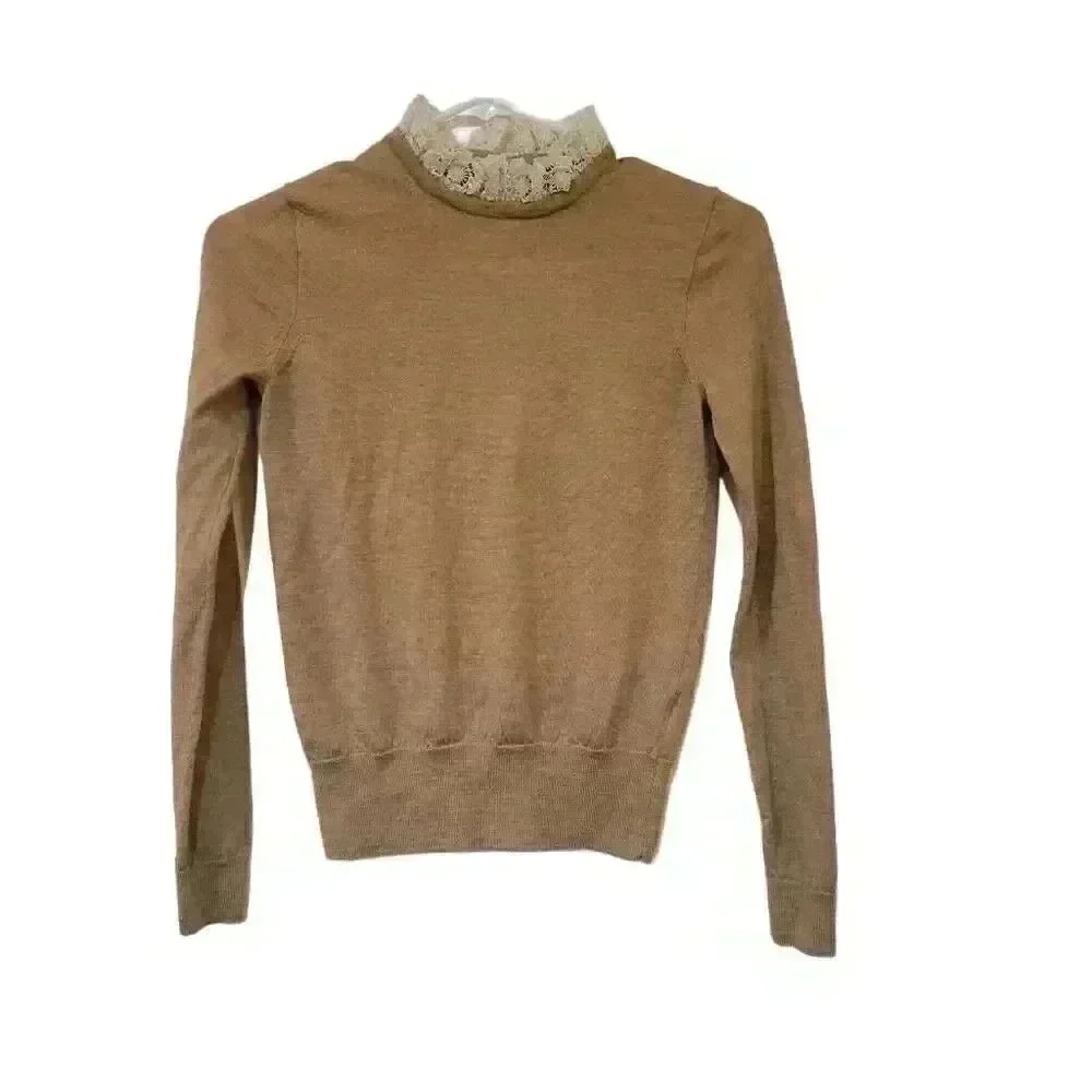 J. Crew Women's Heather Tan Merino Wool Lightweight Knit Antique Lace Collar Lon